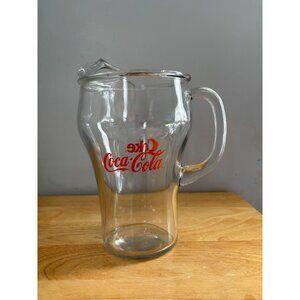 Vintage Coca-Cola Glass Pitcher With Handle & Pour Spout 64 Oz Clear & Red Logo